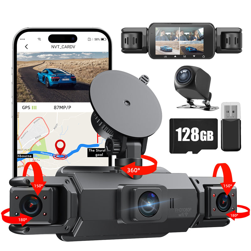 Mercylion A800 4 Channel WiFi 360° 1080P *4 Dash Cam with 128GB GPS 3 Inches Screen Car Charger