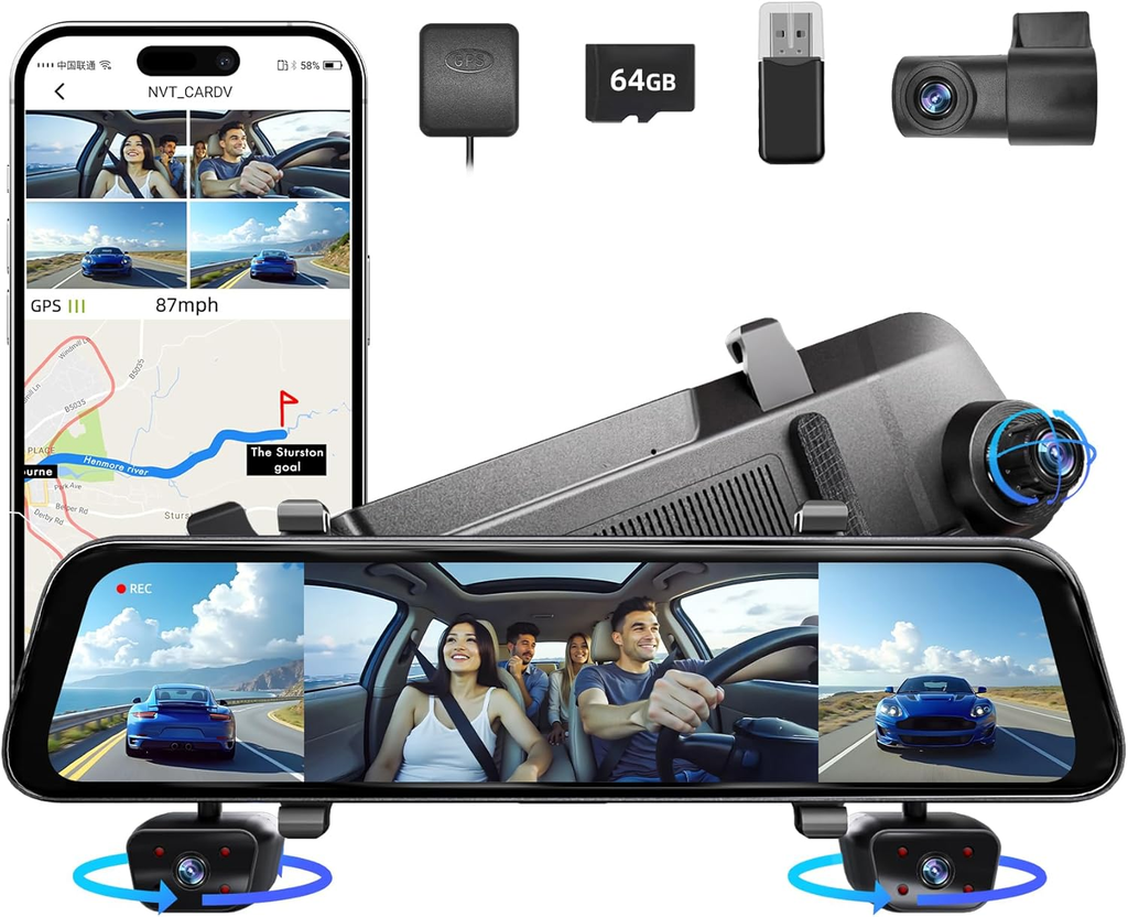 2026 Rearview Mirror Camera,4 Channel Mirror Dash Cam Front and Rear,Rear View Mirror Backup Camera for Cars & Trucks,12" Touch Screen,Built-in 5.8GHz WiFi,GPS,IR Night Vision,Free 64GB/128GB SD Card