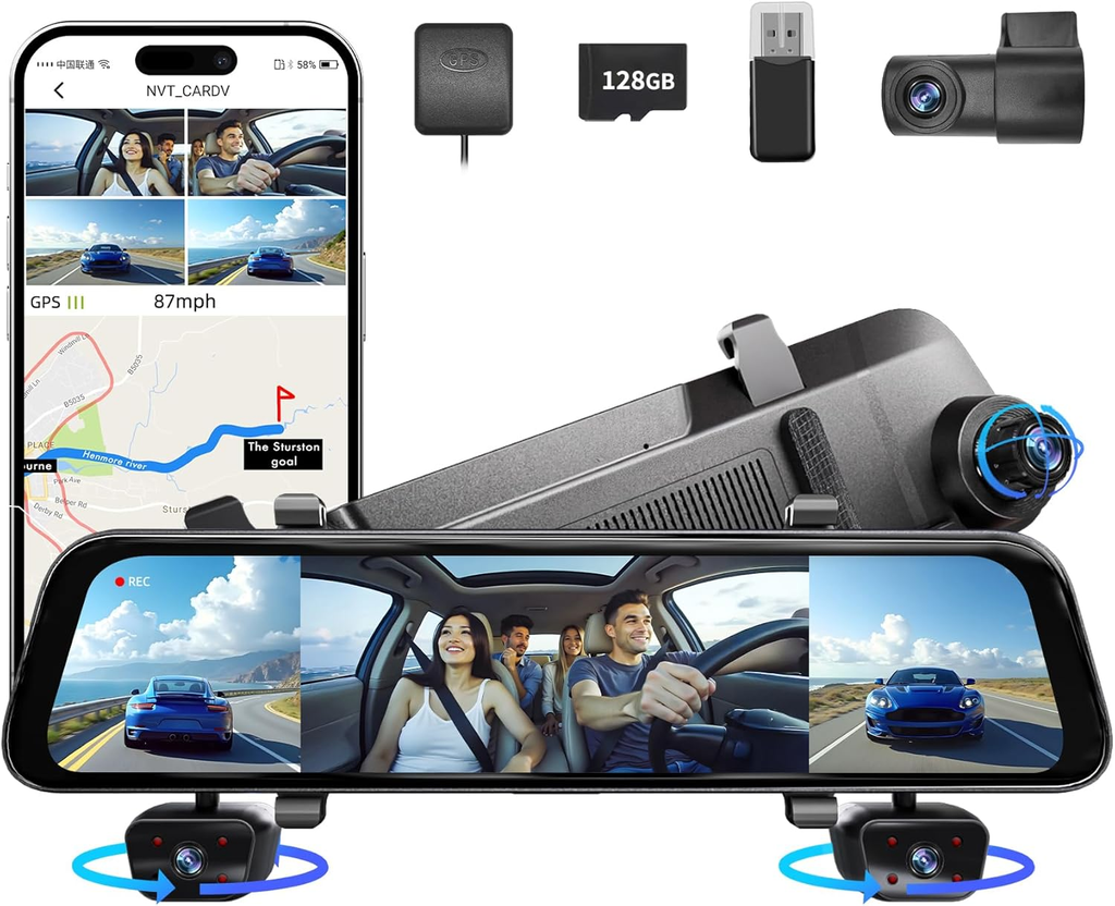 Mercylion A980 2026 Rearview Mirror Camera,4 Channel Mirror Dash Cam Front and Rear,Rear View Mirror Backup Camera for Cars & Trucks,12" Touch Screen,Built-in 5.8GHz WiFi,GPS,IR Night Vision,Free 64GB/128GB SD Card